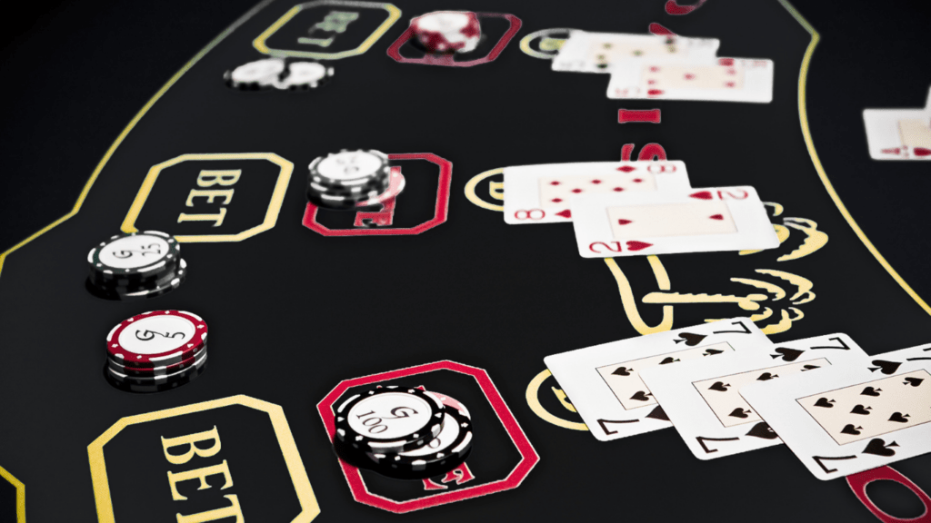 a casino table with poker chips and cards